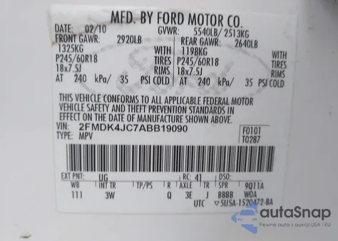 2010 Ford Edge Sel z USA, uszkodzony, nr VIN 2FMDK4JC7ABB19090